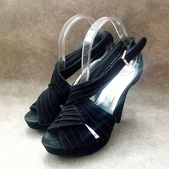 Qupid Womens Sz 9 M Black Peep Toe Slingback 5" Heels Platform - Picture 3 of 8